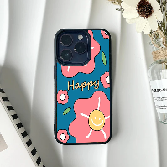 Teal phone case featuring large cartoon pink flowers, the text 'Happy', and one flower with a bright yellow smiley face center.